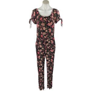 Xhilaration Multicolor Floral Short Puff Sleeve Scoop Neck Tie Jumpsuit Size S